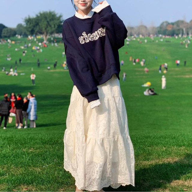 Mid-length cake skirt Korean style A-line lace skirt