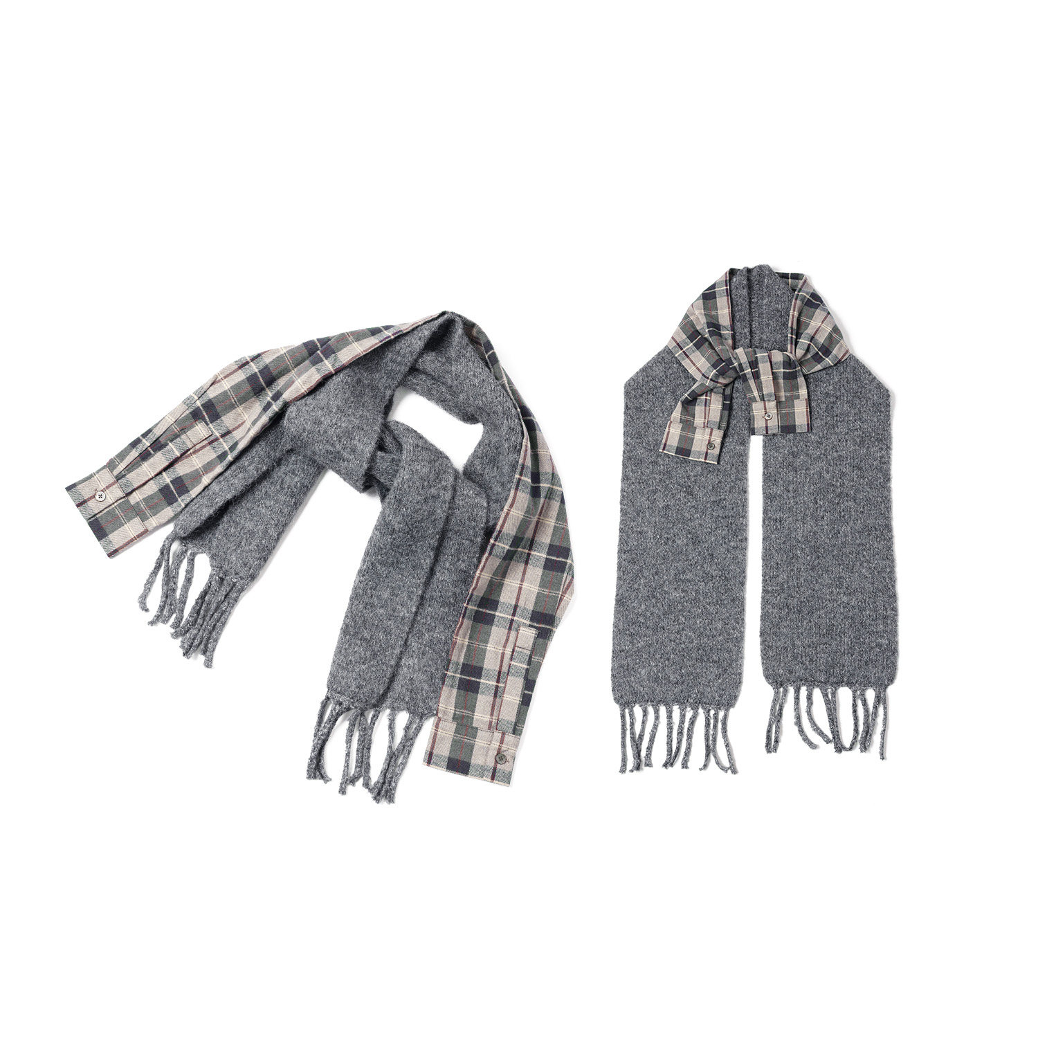 林肉肉【衬衫袖拼接围巾】早秋时髦百搭格子拼接绵羊毛灰色围巾女