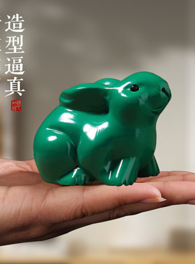 绿色桃木兔子摆件木雕刻实木质制大小号一对可爱客厅桌面工艺品