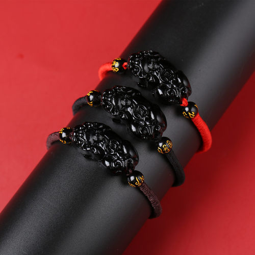 手工编织黑曜石貔貅手链小貔貅红绳手串黑绳皮丘编织男女款礼物 - 图1