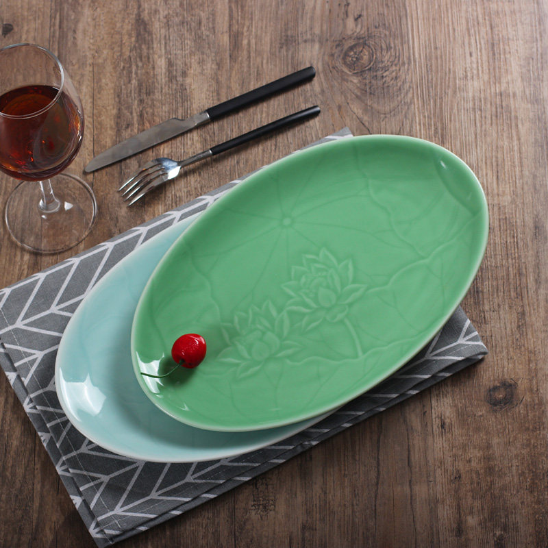 龙泉青瓷创意陶瓷餐具鱼盘沙拉碗家用水果盘大盘西餐盘焗饭盘椭圆,淘宝优惠券,粉丝福利购,淘宝优惠卷