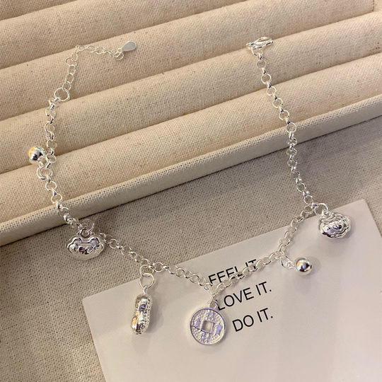 Hong Kong Zhengsheng Tobillera genuina de plata de ley con cinco tesoros, plata de ley 99, campana de maní, candado de larga duración, moneda de cobre para mujeres, simple y versátil, de moda