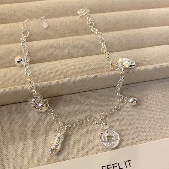 Hong Kong Zhengsheng Tobillera genuina de plata de ley con cinco tesoros, plata de ley 99, campana de maní, candado de larga duración, moneda de cobre para mujeres, simple y versátil, de moda