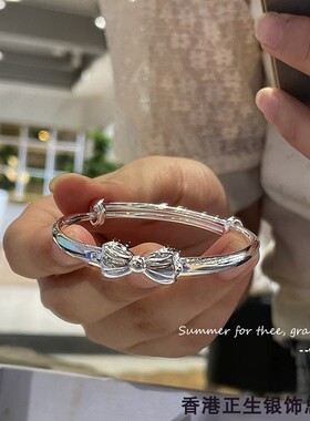 香港正生正品足银9999小公主蝴蝶结竹节纯银手镯女孩子中大童儿童