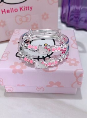 香港正生纯银9999卡通可爱手镯女KT猫女童中童儿童亲子银镯节日礼