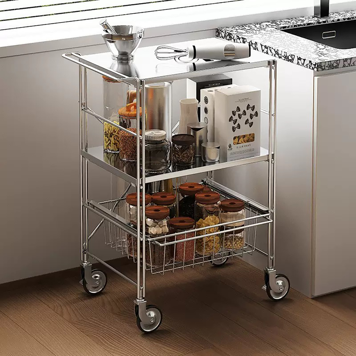 厨房置物架微波炉收纳家用不锈钢小推车餐车烤箱烤盘储物2025新款