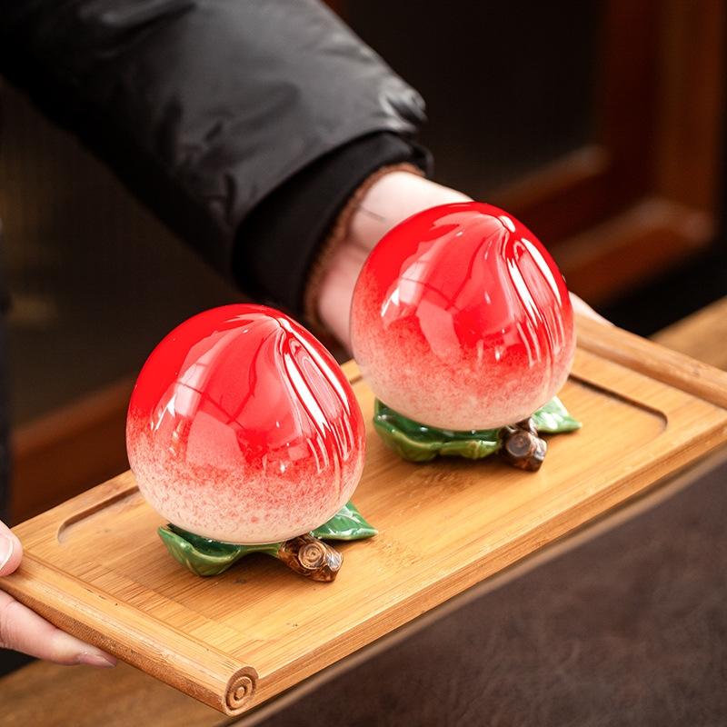 创意寿桃茶叶罐生日寿宴寿诞祝寿伴手礼桃子密封罐储存罐寿桃摆件 - 图0