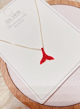 清意银饰通体S925纯银微镶锆石红色鱼尾个性小众锁骨项链女百搭潮