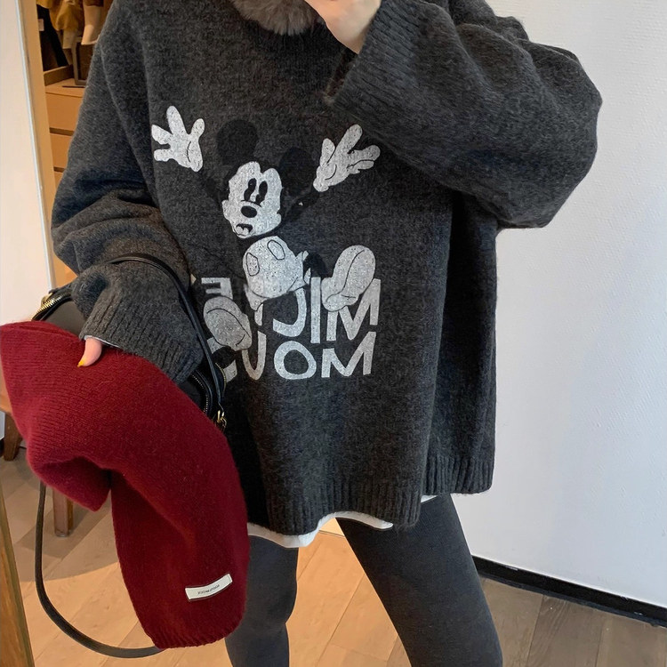 卡通图案针织打底衫毛衣女秋冬新款大码胖mm显瘦遮肚宽松慵懒上衣 - 图1