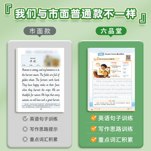 六品堂小学生英语作文字帖衡水体一句话日记看图写话练字帖三四五六年级人教版同步写作素材范文大全积累英文练习纸英语本每日一练-图0