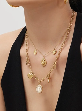 谜丽 不锈钢滴油女神圆牌十字多吊坠锁骨链欧美轻奢时尚珠宝首饰