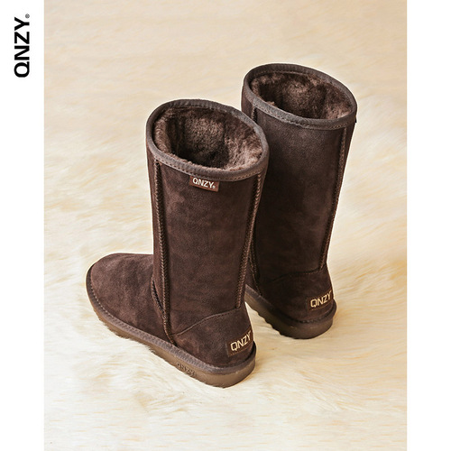 QNZY新款雪地靴女高筒牛皮平底冬季防滑加绒加厚保暖长筒雪地棉鞋