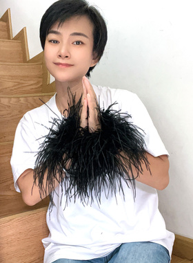 黑色鸵鸟毛袖圈手袖羽毛手腕扣袖口可拆卸袖口配件手腕装饰可定制