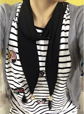 黑色纯色小领巾褶皱珠链领结丝巾