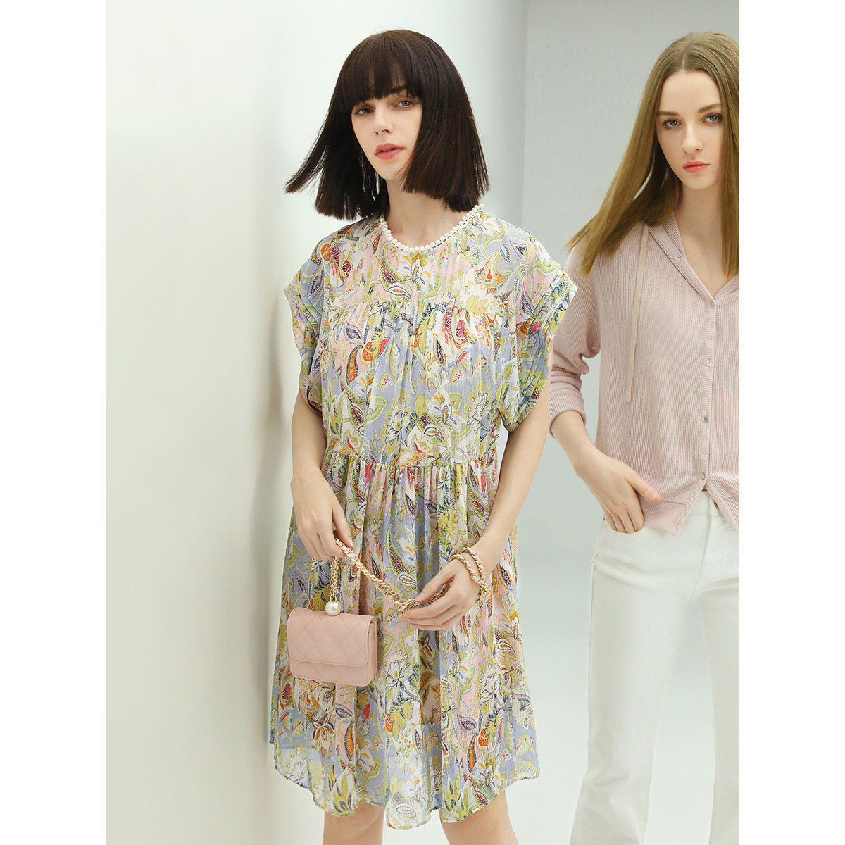 COCOBELLA沙滩印花连衣裙女春夏度假风珠饰镶边温柔雪纺裙FR35,淘宝优惠券,粉丝福利购,淘宝优惠卷