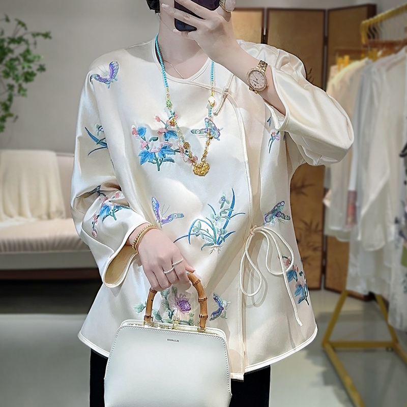 2024年秋冬新款醋酸新中式国风外套气质圆领唐装改良旗袍复古上衣 - 图1