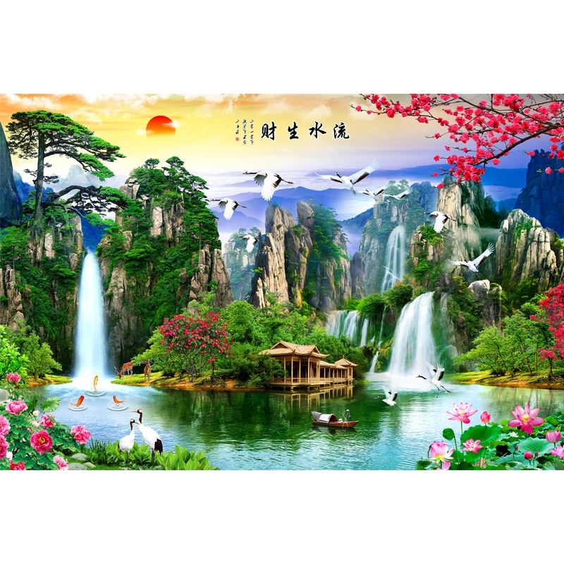 壁画客厅2023新款自粘墙画茶台背景墙装饰画沙发后面上水画墙贴纸