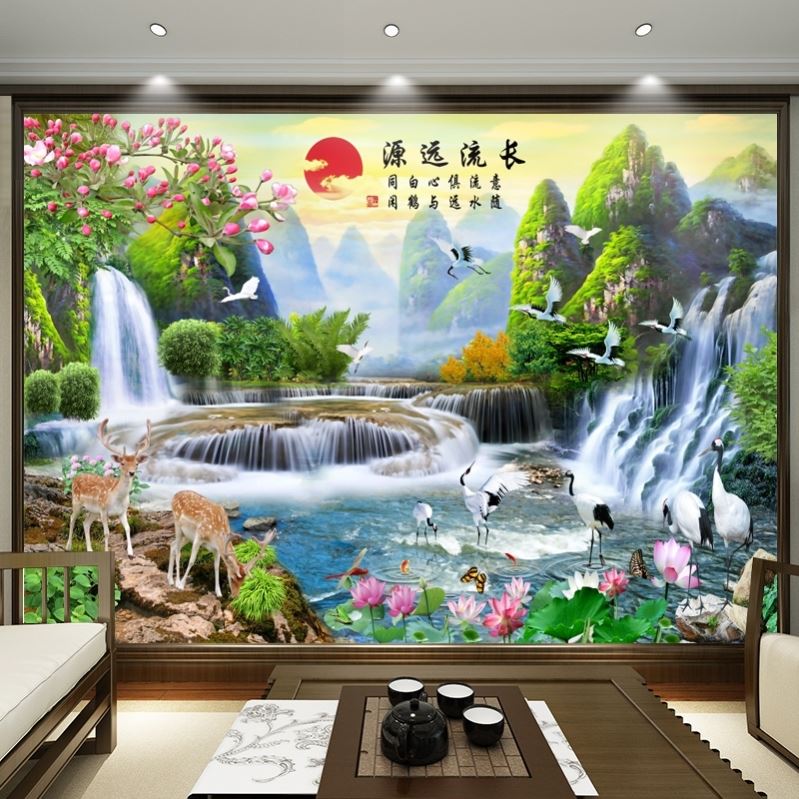 壁画客厅2023新款自粘墙画茶台背景墙装饰画沙发后面上水画墙贴纸