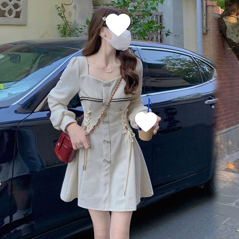 方领小个子长袖连衣裙早秋2025新款收腰显瘦温柔风小众灯芯绒短裙 - 图0