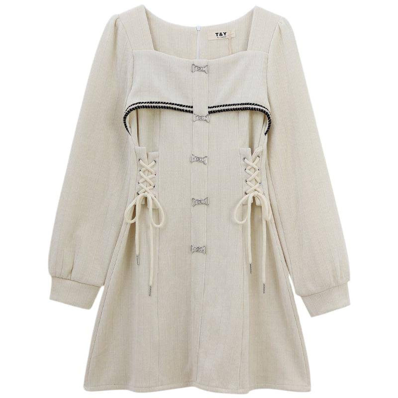 方领小个子长袖连衣裙早秋2025新款收腰显瘦温柔风小众灯芯绒短裙 - 图3