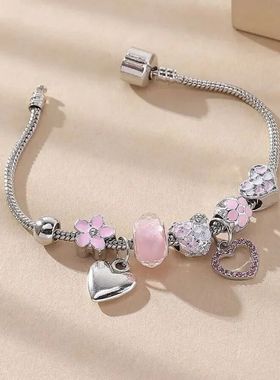Obega Love Heart Flower Glass Pendant Charm Bracelet Classic
