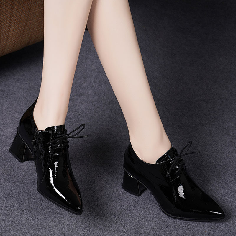 金特 百丽尖头粗跟单鞋女2025春新款英伦复古系带深口气质高跟鞋,淘宝优惠券,粉丝福利购,淘宝优惠卷