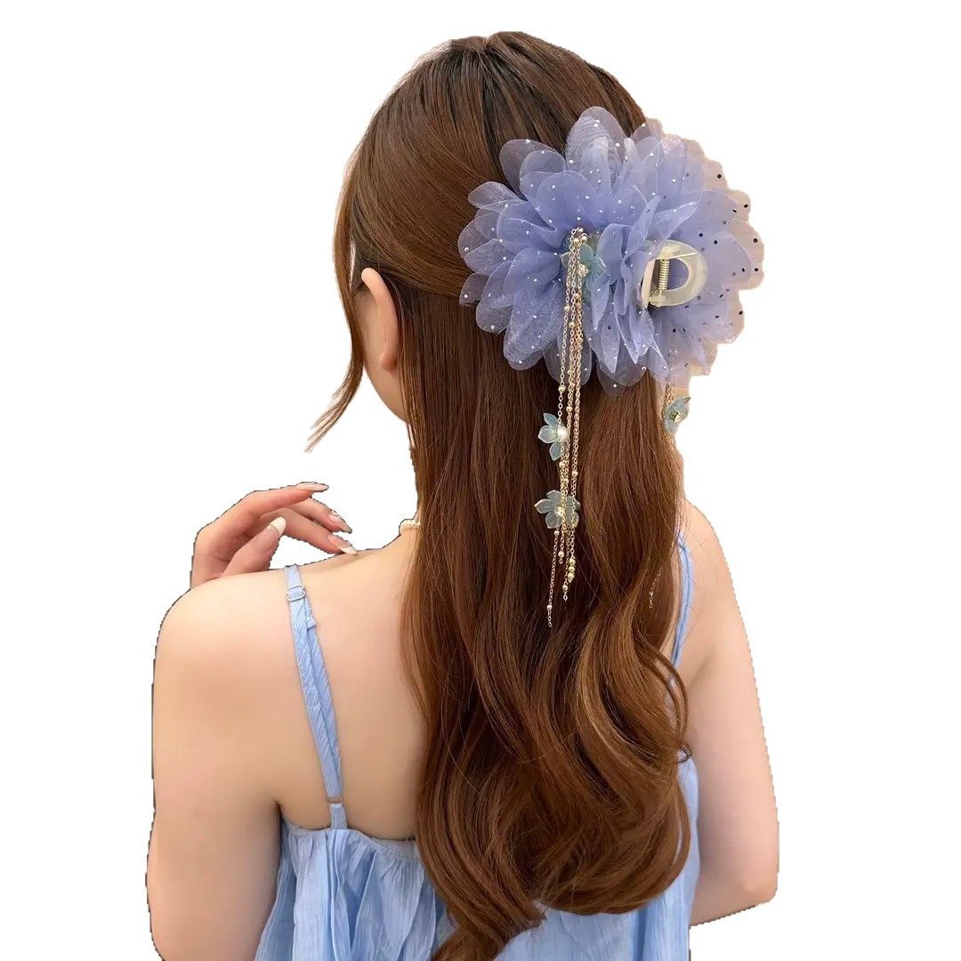 春夏新款气质百搭显发量鲨鱼夹流苏吻花蝴蝶结网纱花朵抓,淘宝优惠券,粉丝福利购,淘宝优惠卷