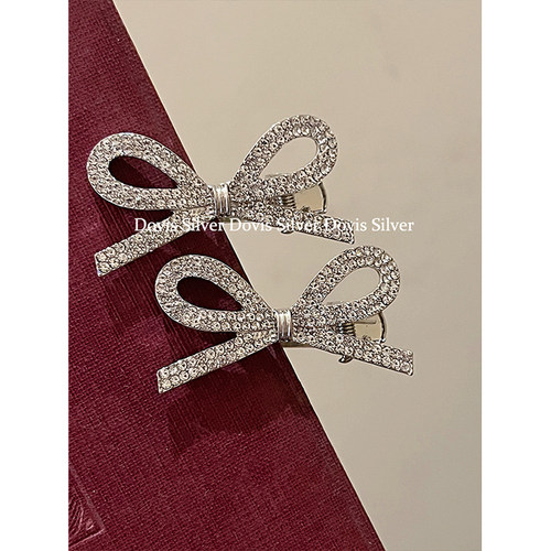 重工甜酷银色鸭嘴夹镶嵌满钻蝴蝶结发夹Y2K少女侧边刘海发卡夹子 - 图3