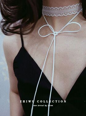 网红同款百搭锁骨颈带叠穿层次感设计蕾丝飘带细窄长条丝巾项链