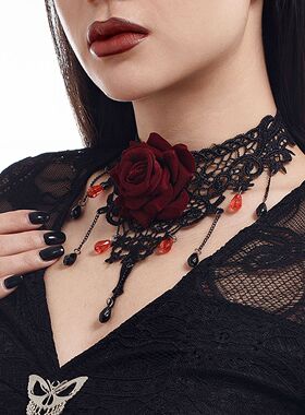 洛丽塔公主玫瑰花蕾丝水晶流苏项链女 纯欲复古流苏choker贴颈链