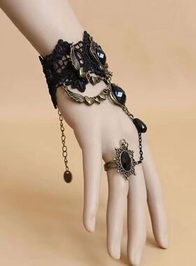 韩版时尚蕾丝玫瑰手链戒指一体链复古宫廷风手链哥特风手饰配饰品