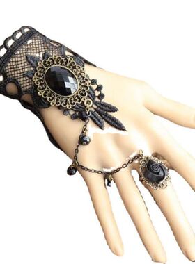 开学季欧美哥特复古手工时尚设计 连戒指一体链蕾丝手链