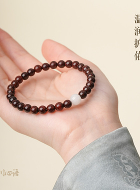 印度老料小叶紫檀手串男女款羊脂白玉五行喜木补金檀木情侣手链l