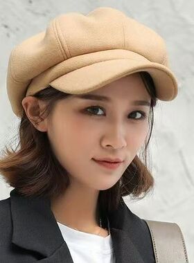 秋冬显脸小八角贝雷帽女黑色帽子红色画家帽报童帽冬天蓓蕾帽冬季