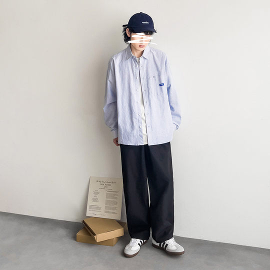 Youth casual blue striped shirt long sleeve shirt