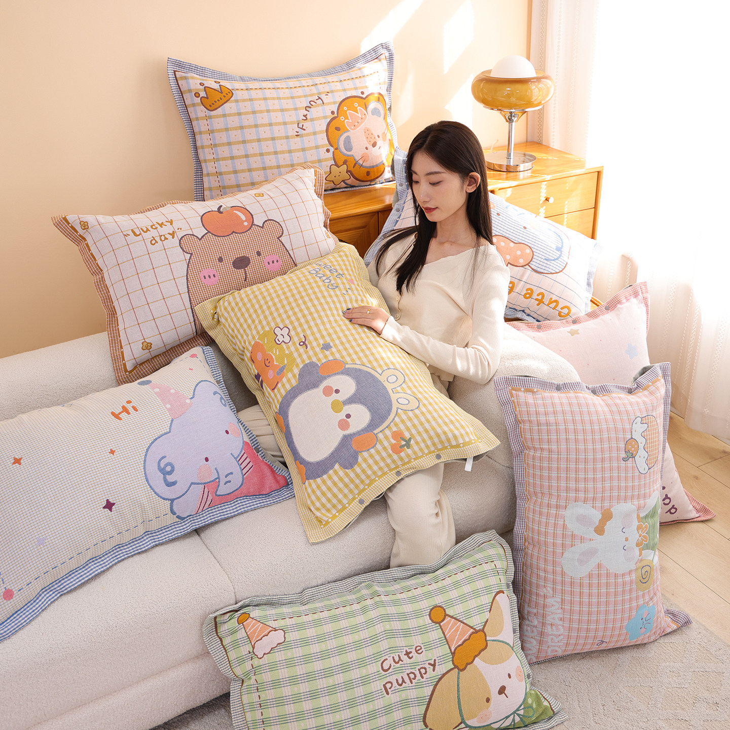 100%棉按扣纯棉纱布枕套一对装卡通柔软舒适枕头套全棉透气枕芯套,淘宝优惠券,粉丝福利购,淘宝优惠卷