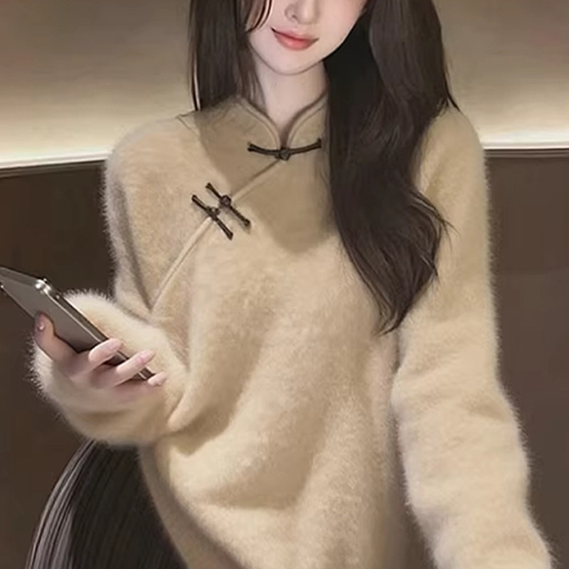 大码胖MM国风盘扣立领毛衣女2025秋冬季新中式宽松遮肚子显瘦上衣,淘宝优惠券,粉丝福利购,淘宝优惠卷