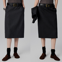 Marryher fine-spun wool CleanFit wind 100 lap rear open slit paper People with vertical striped suit half skirt