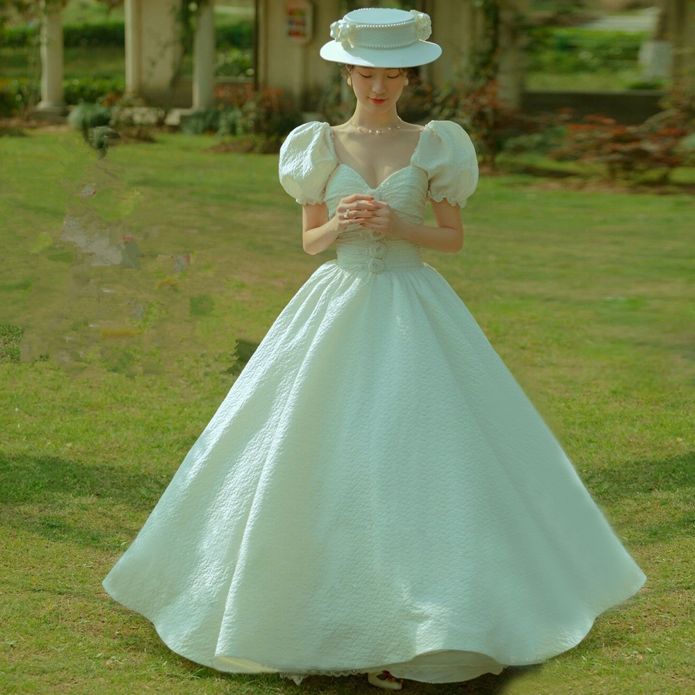 旅拍主题泡袖花朵齐地礼服白色公主范写真服个性新潮婚纱韩版时尚-图0
