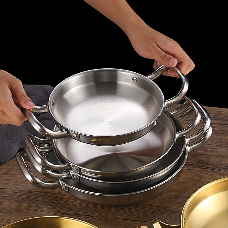 韩式不锈钢干锅海鲜锅部队火锅金色平底浅锅菜盘商用双耳锅电磁炉,淘宝优惠券,粉丝福利购,淘宝优惠卷
