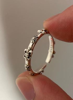 s925纯银 鸢尾花戒指女 黑暗做旧浮雕开口食指戒 朋克风创意指环