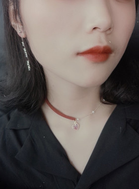choker酒红色仿珍珠超仙锁骨链