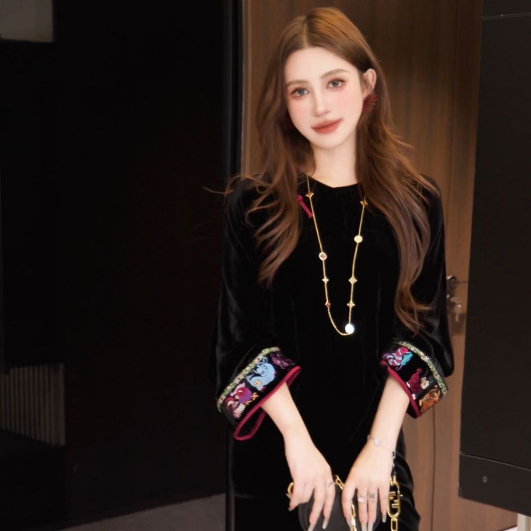 G.yantong彦彤100%桑蚕丝高端新中式重工丝绒上衣秋季长袖DD1213 - 图1