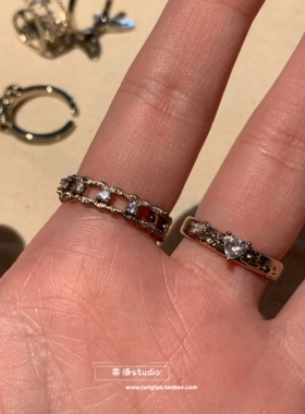 咖金色蕾丝细款锆石戒指女小众设计感金属食指戒指高级百搭2026潮