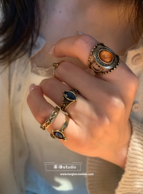 “橘色澳宝” 美式vintage5件套做旧古金色叠戴指环多戒指套装潮