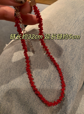 棠洛 红色钉珠choker颈链女小众独特细款红色项链短款辣妹项链潮