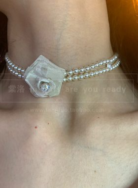 法式立体花朵珍珠choker项圈女短款高级感生日项链饰品拍照氛围感