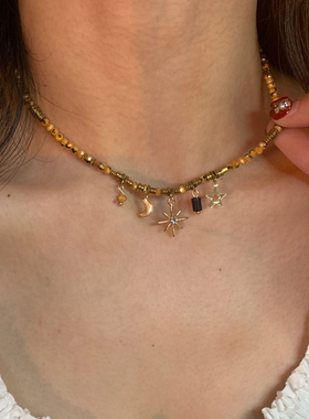 复古太阳花项链女高级感短款卫衣链串珠颈链波西米亚风辣妹锁骨链