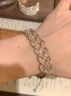中古vintage咖金色米珠手镯高级感车花线水晶手环时髦轻奢手饰品