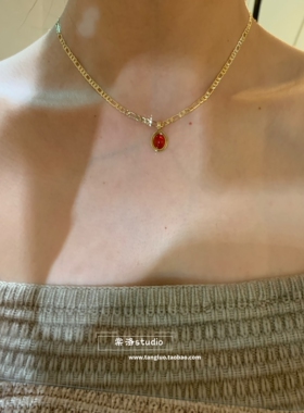 棠洛 显白的红色锆石锁骨链女高级感金色辣妹项链日常百搭简约潮
